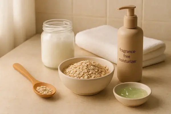 Natural home remedies for pregnancy itching including coconut oil, aloe vera, oatmeal bath, and fragrance-free moisturizer in a calming setting.