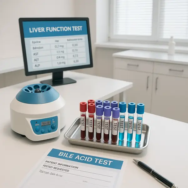 Modern pregnancy diagnostic tools for itching, including bile acid and liver function testing equipment in a clinical setting.