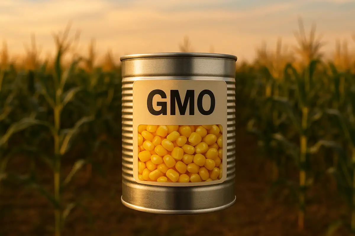 A can of GMO-labeled corn placed in front of a cornfield at sunset, symbolizing genetically modified foods and consumer awareness.