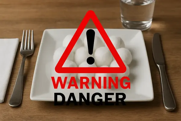 Warning sign over cotton balls on a dinner plate, symbolizing the dangerous and unhealthy Cotton Ball Diet trend.