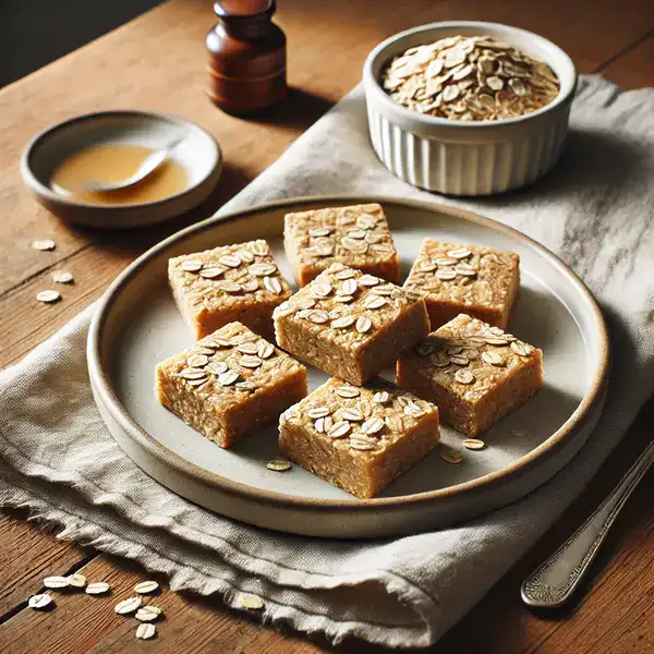 Gluten-free oatmeal squares on a ceramic plate over rustic wooden surface