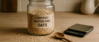 Certified gluten-free oats in a glass jar with raw oats and wooden spoon on kitchen counter