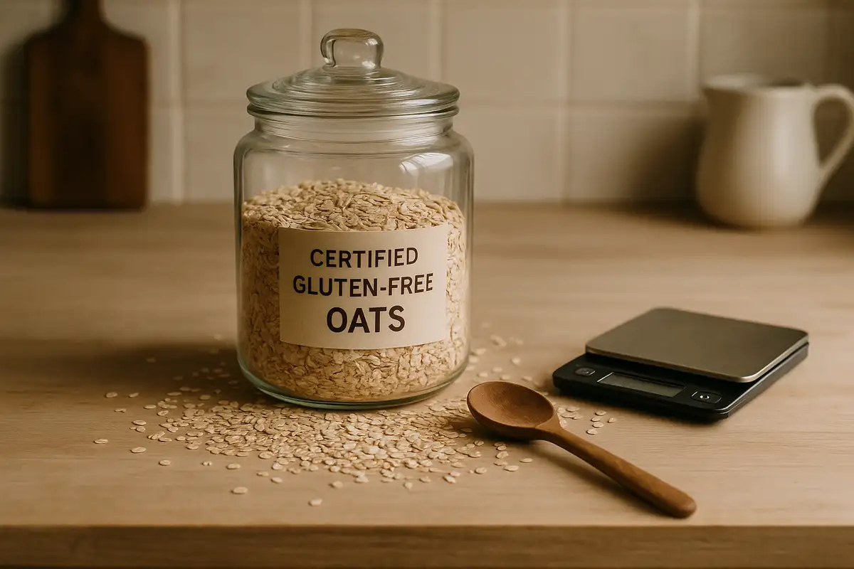 Certified gluten-free oats in a glass jar with raw oats and wooden spoon on kitchen counter