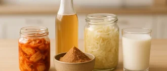assorted fermented foods including kimchi, kefir, miso, sauerkraut, and kombucha on a light wooden table for gut health and probiotics benefits