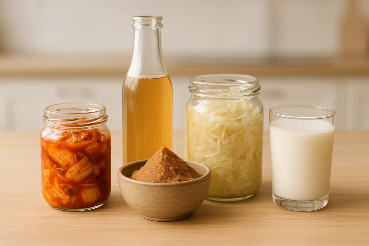 assorted fermented foods including kimchi, kefir, miso, sauerkraut, and kombucha on a light wooden table for gut health and probiotics benefits