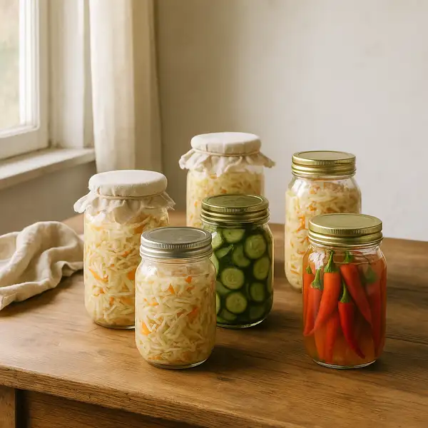 homemade fermented vegetables in glass jars on a kitchen table with natural light for gut health and probiotic benefits
