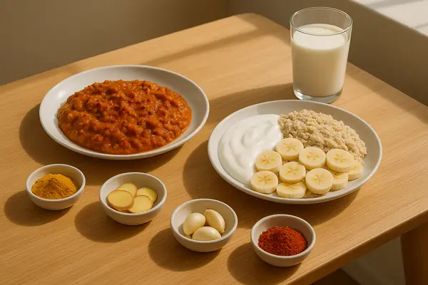 Spicy curry and pregnancy-safe foods on modern kitchen table