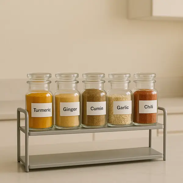 Minimalist spice rack with turmeric, ginger, and cumin in modern kitchen