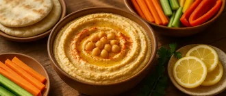 Bowl of classic hummus with olive oil and paprika, surrounded by fresh vegetables and pita on a rustic table
