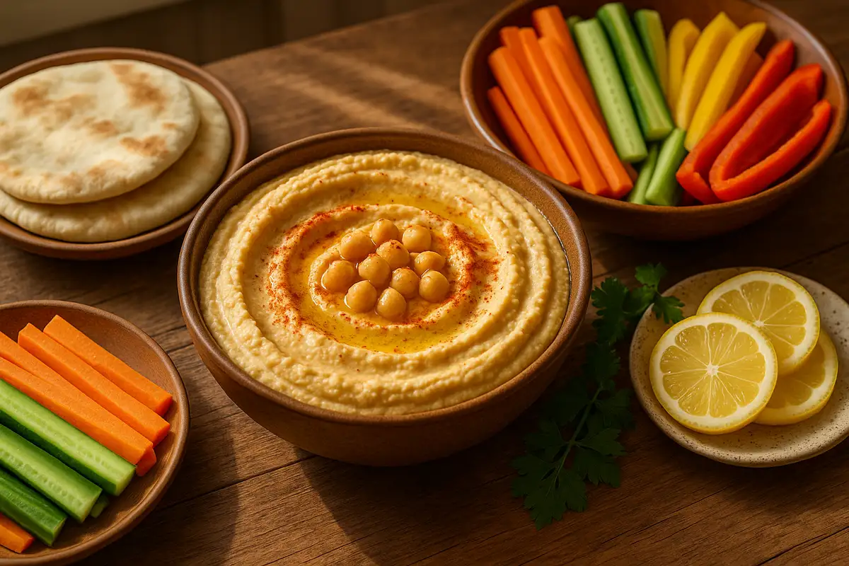 Bowl of classic hummus with olive oil and paprika, surrounded by fresh vegetables and pita on a rustic table