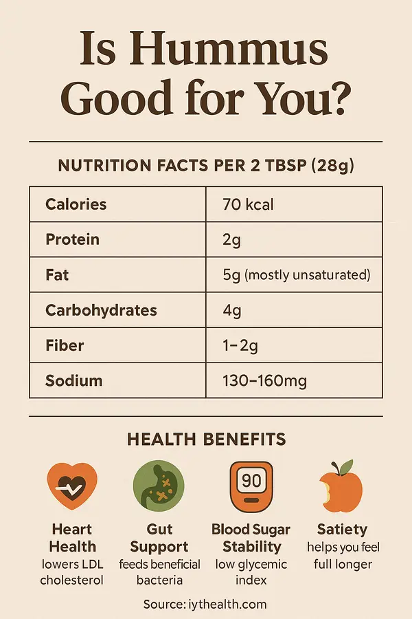Vertical infographic showing hummus nutrition facts, health benefits, and comparison with egg, banana, and peanut butter