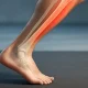 Side view of male lower leg showing highlighted shin pain zone along the tibia, medical illustration of shin splints symptoms on treadmill background