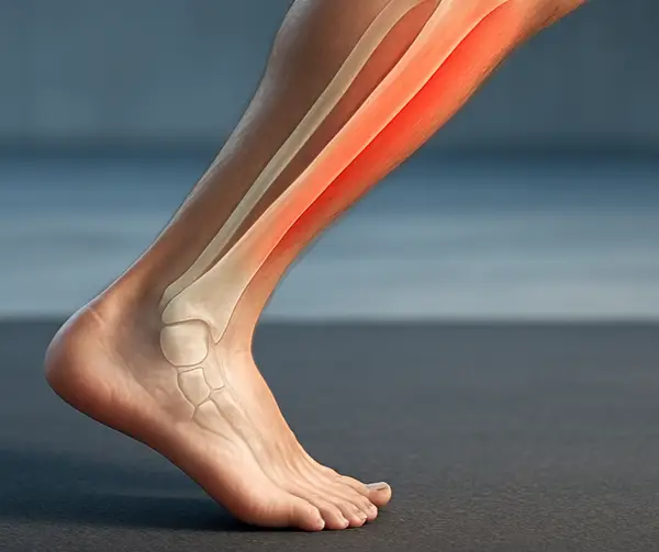 Side view of male lower leg showing highlighted shin pain zone along the tibia, medical illustration of shin splints symptoms on treadmill background