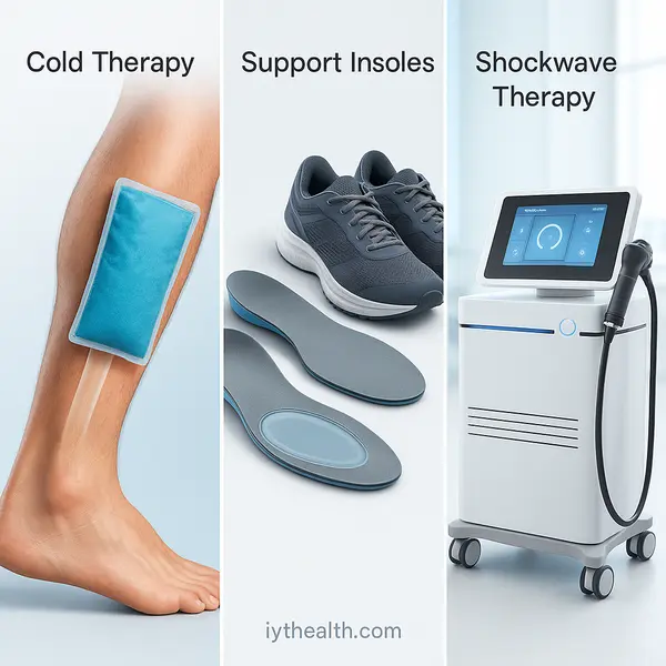 Square medical image showing shin splints treatments: male leg with ice therapy, shock-absorbing insoles beside sneakers, and ESWT machine for chronic cases