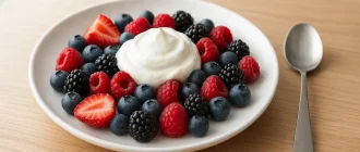Low-calorie berry yogurt snack, healthy fruit dessert for weight management, fiber-rich natural foods for digestion and satiety