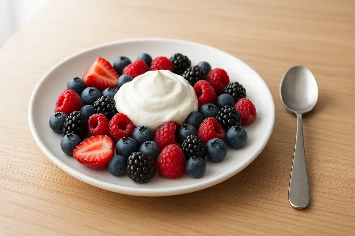 Low-calorie berry yogurt snack, healthy fruit dessert for weight management, fiber-rich natural foods for digestion and satiety