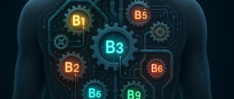 Abstract illustration of the human body's internal system powered by B Complex vitamins, showing gears and pathways labeled B1 to B12
