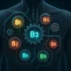 Abstract illustration of the human body's internal system powered by B Complex vitamins, showing gears and pathways labeled B1 to B12