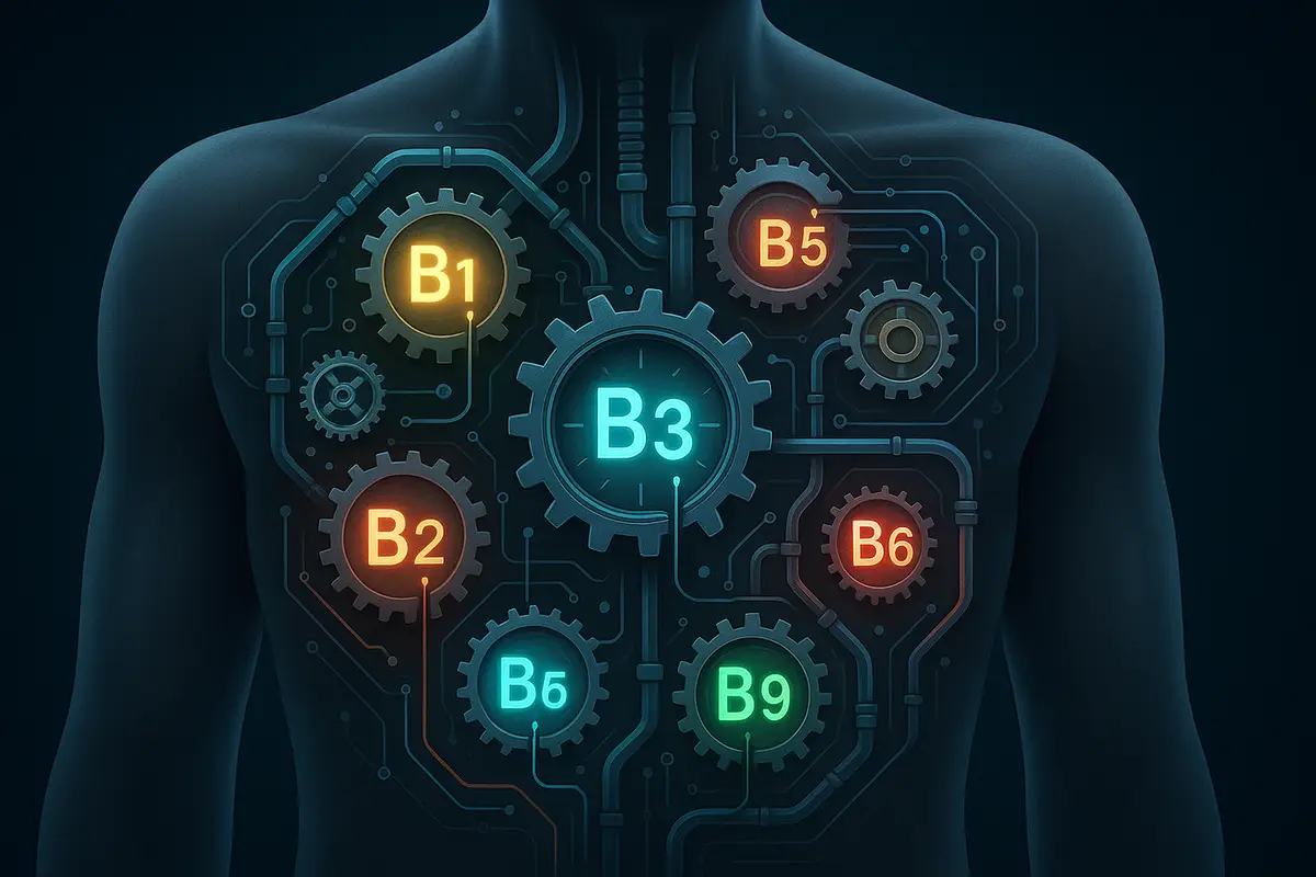 Abstract illustration of the human body's internal system powered by B Complex vitamins, showing gears and pathways labeled B1 to B12