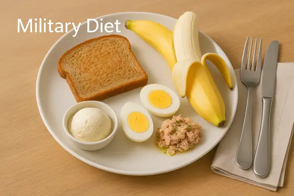 Military Diet meal with toast, banana, egg, tuna, and vanilla ice cream on a plate, arranged appetizingly on a wooden table
