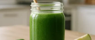 Glass jar of green detox smoothie on a kitchen counter, symbolizing dietary causes of green stool such as leafy greens and health drinks often linked to changes in stool color.