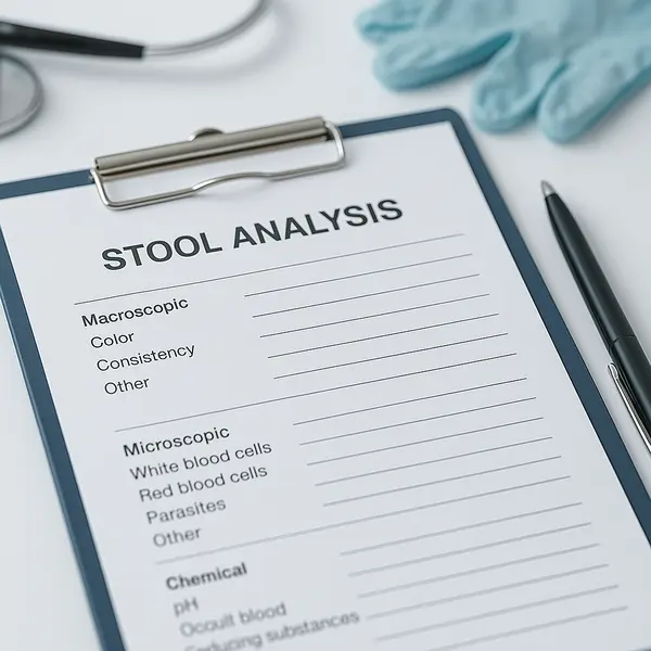 Stool analysis document on a medical clipboard — related to diagnosing causes of unusual stool colors, including green poop.