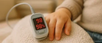 Toddler heart rate being gently monitored at home — cozy and caring setting reflecting normal vital signs.