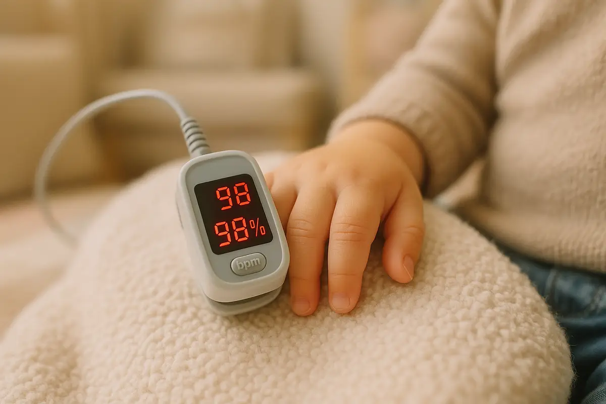 Toddler heart rate being gently monitored at home — cozy and caring setting reflecting normal vital signs.