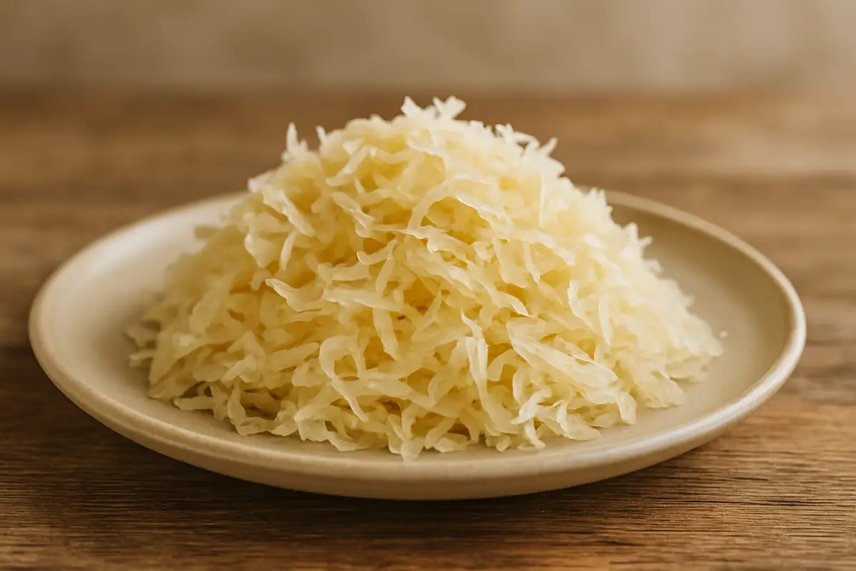 Fresh sauerkraut served on a ceramic plate with natural lighting — healthy fermented cabbage for gut and immune support