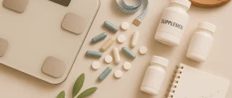 A refined layout of weight loss medications, supplements, and tracking tools symbolizing effective approaches to slimming support.