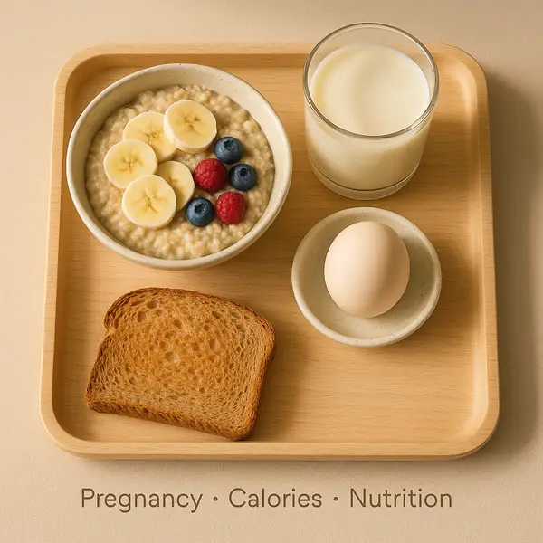 Balanced pregnancy breakfast with oatmeal, boiled egg, toast, and milk on tray — high-calorie nutritious meal idea.