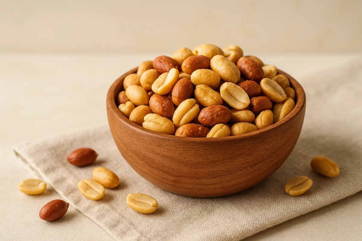 Bowl of roasted peanuts on linen cloth – healthy snack for pregnancy with plant-based protein and folate