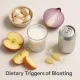 Common dietary triggers of bloating including garlic, onion, apple slices, milk, soda, and sugar-free candies on a clean background with text Dietary Triggers of Bloating
