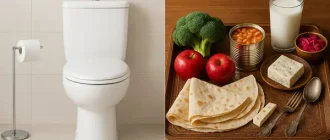 Visual contrast between digestive triggers like gas-producing foods and a clean bathroom setting—related to floating stool causes.