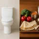 Visual contrast between digestive triggers like gas-producing foods and a clean bathroom setting—related to floating stool causes.