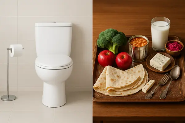 Visual contrast between digestive triggers like gas-producing foods and a clean bathroom setting—related to floating stool causes.