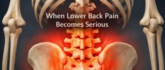 Medical illustration showing lower back pain radiating to the leg, a sign that back pain may require medical evaluation.