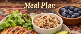 Balanced elimination diet meal plan with grilled chicken, quinoa, avocado, and fresh berries on a plate, illustrating a structured food sensitivity meal guide