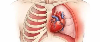 Chest anatomy map illustrating internal structures associated with left breast pain, including the heart, left lung, ribs, intercostal muscles, and surrounding chest tissues.