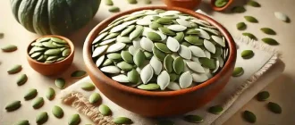 A wooden bowl filled with raw pumpkin seeds, known for their natural properties in fighting intestinal parasites. The seeds are fresh, slightly glossy, and scattered for an organic look.