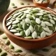 A wooden bowl filled with raw pumpkin seeds, known for their natural properties in fighting intestinal parasites. The seeds are fresh, slightly glossy, and scattered for an organic look.