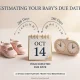 Conceptual still-life illustration by Reyus Mammadli, showing two distinct paths to estimating a baby's due date. On the left, tiny pink shoes represent conception (266 Days); on the right, a dual-face clock represents LMP (280 Days). A central calendar page displays a single, focused due date of OCT 14.