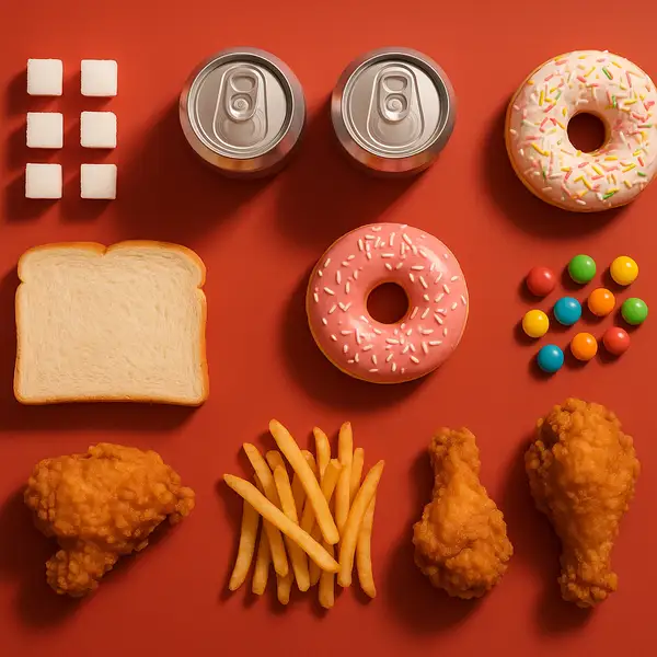 Flat-lay of unhealthy foods including doughnuts, soda, white bread, and fried items on a red background, illustrating what borderline diabetics should avoid in their diet.