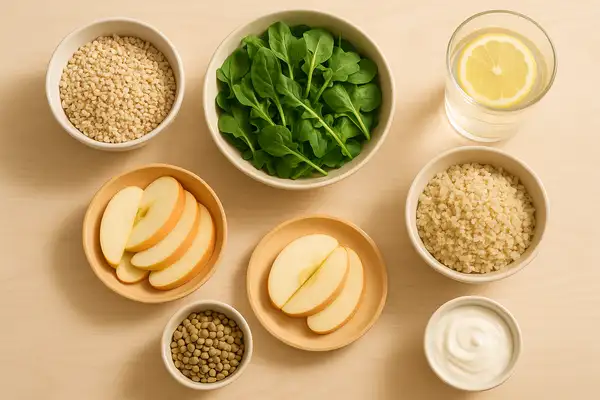 Healthy food alternatives for borderline diabetics including oats, greens, lentils, yogurt, and fruit