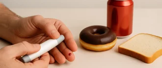 Blood sugar test from fingertip with visible drop, surrounded by unhealthy foods like doughnut, soda, and white bread for borderline diabetics