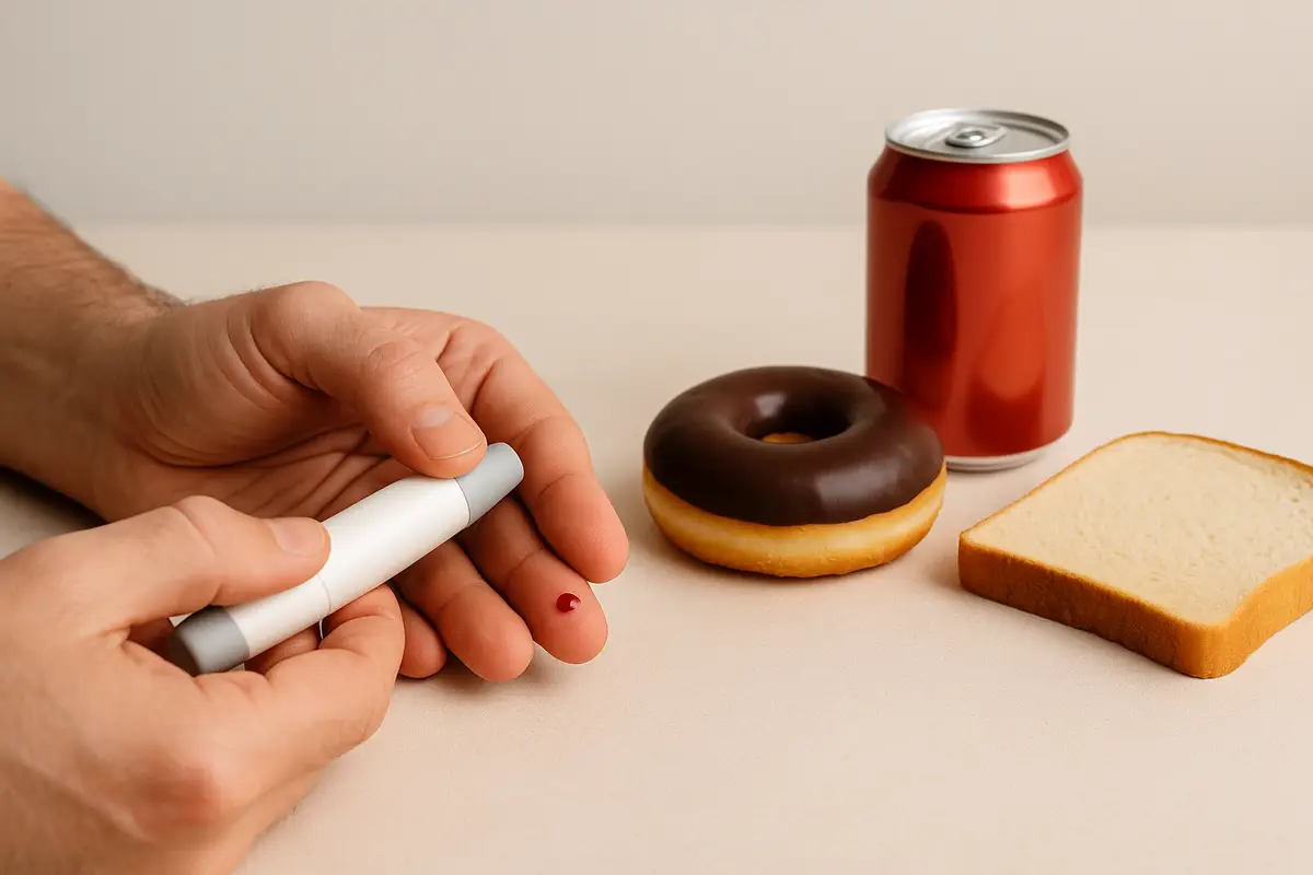 Blood sugar test from fingertip with visible drop, surrounded by unhealthy foods like doughnut, soda, and white bread for borderline diabetics