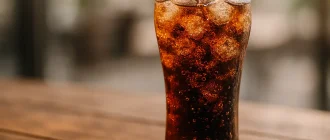Refreshing glass of Coca-Cola with ice cubes and fizz on a wooden table, showing the look of a sweet carbonated drink in summer light.