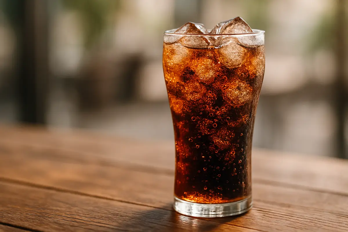 Refreshing glass of Coca-Cola with ice cubes and fizz on a wooden table, showing the look of a sweet carbonated drink in summer light.