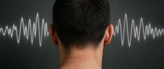Visual concept of tinnitus — noise in the head shown as sound waves affecting a man, symbolizing the experience of constant ringing or vibration in the ears.