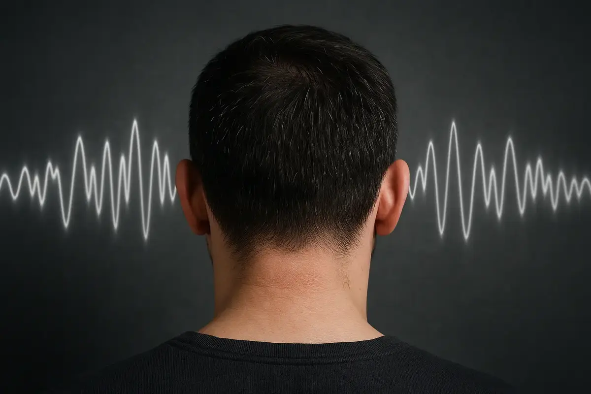 Visual concept of tinnitus — noise in the head shown as sound waves affecting a man, symbolizing the experience of constant ringing or vibration in the ears.